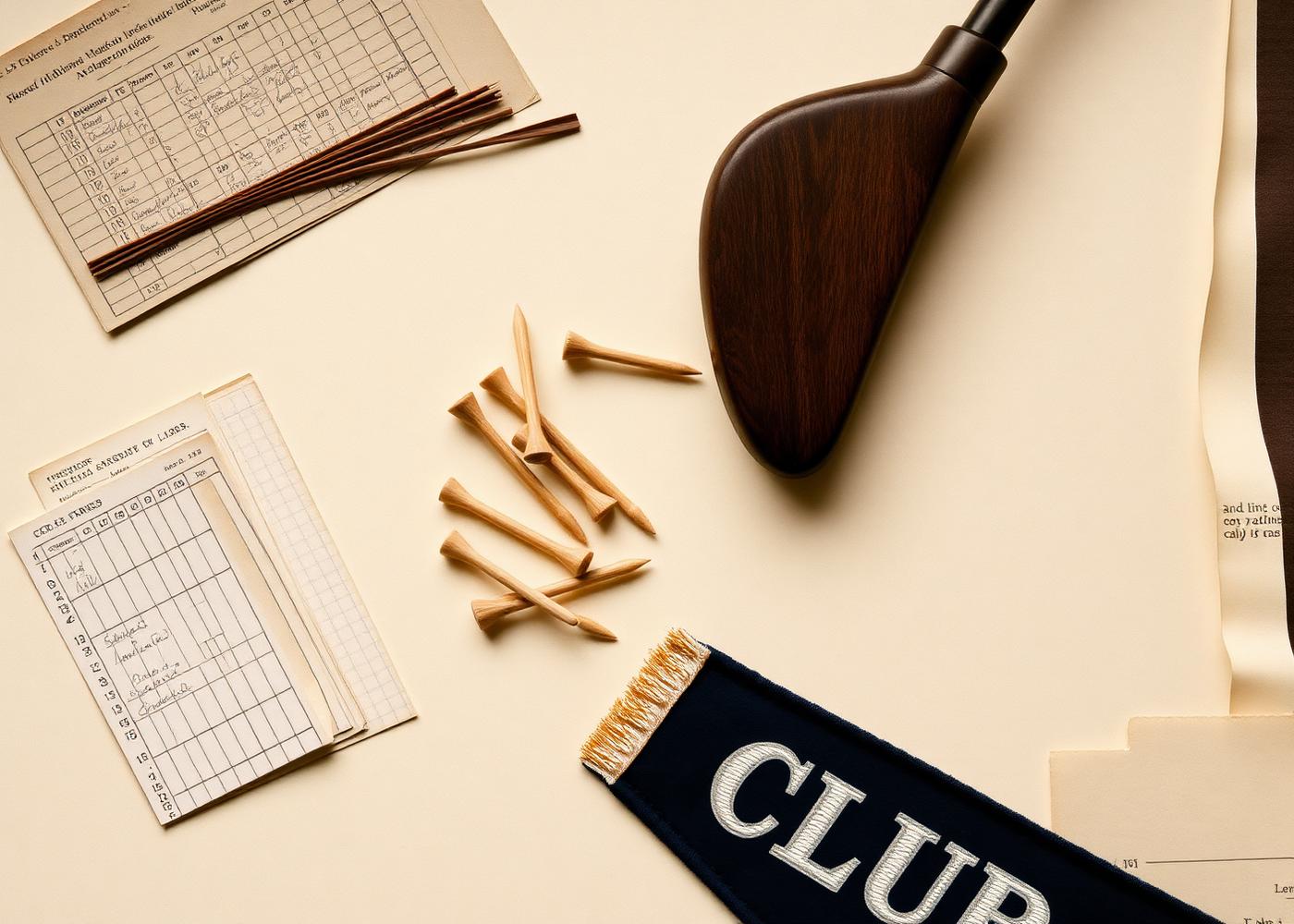 Vintage golf scorecards, wooden tees and a club pennant laid on cream paper