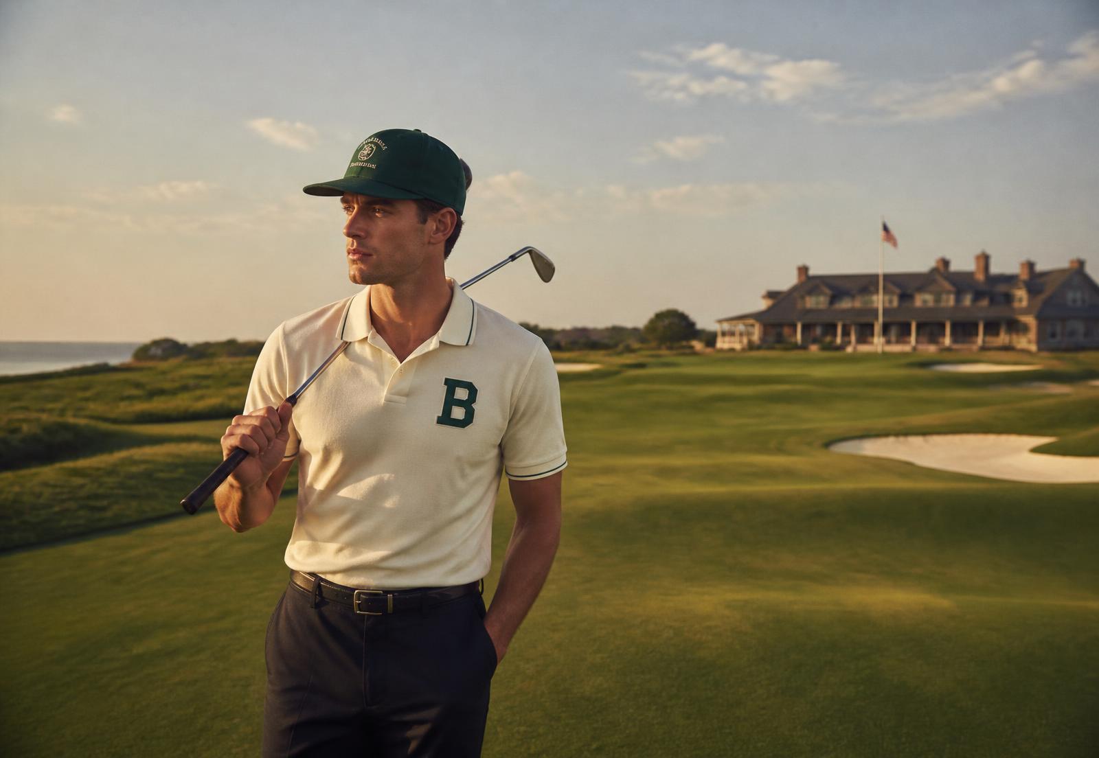 Golfer in a cream collegiate polo and forest green cap on a private club fairway at golden hour